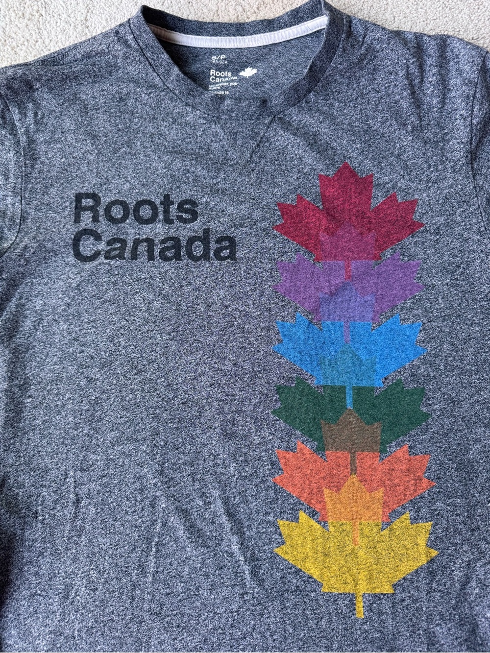 Roots Canada Heather Gray Tee with Colorful Maple Leaf Stack